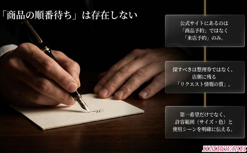 オーデマピゲ公式サイトの予約は商品予約ではなく来店予約であり、リクエスト情報の質が重要だと示すスライド