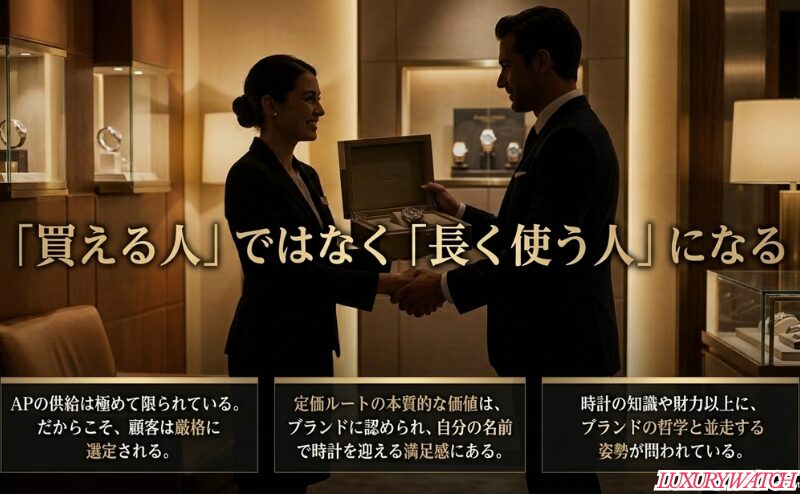 ロイヤルオーク定価購入では財力以上にブランドの哲学と並走する姿勢が重要だと示すスライド