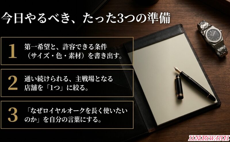 第一希望と許容条件を書き出し、主戦場の店舗を絞り、なぜロイヤルオークを長く使いたいのかを言語化する準備を示すスライド