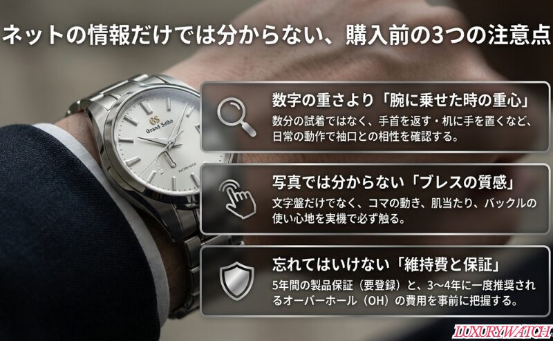 駆動方式を決める、実機で試着する、在庫や保証登録条件を確認するという購入前の行動を整理した図。