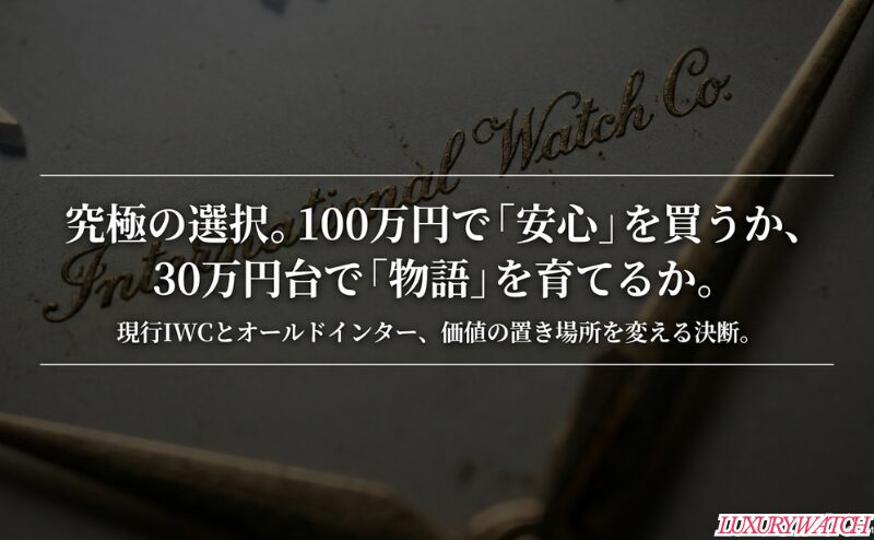 現行IWCで安心を買うか、30万円台のオールドインターで物語を育てるかを示した導入スライド