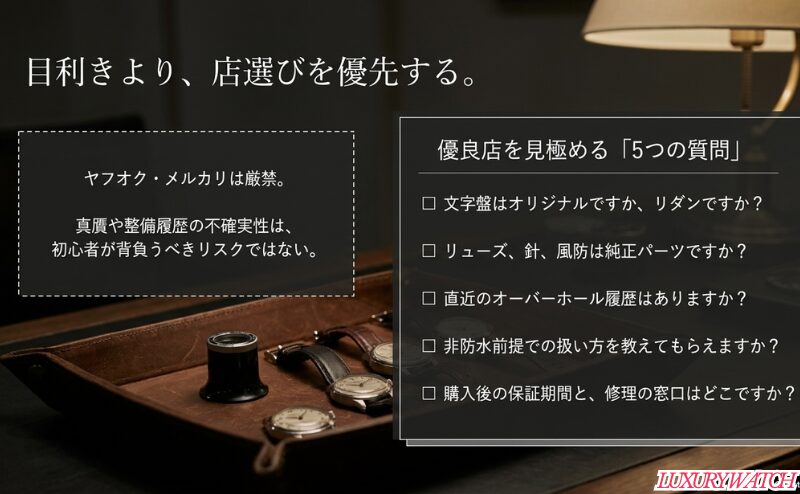 ヤフオクやメルカリを避け、文字盤のオリジナル性、純正パーツ、オーバーホール履歴、非防水前提、保証期間を専門店に確認するための質問リスト