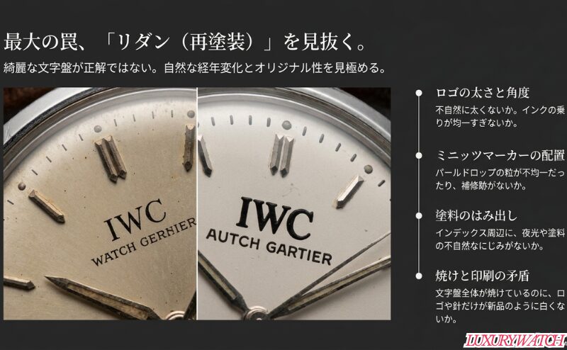 ロゴの太さや角度、ミニッツマーカーの配置、塗料のはみ出し、焼けと印刷の矛盾からリダン文字盤を見抜く方法