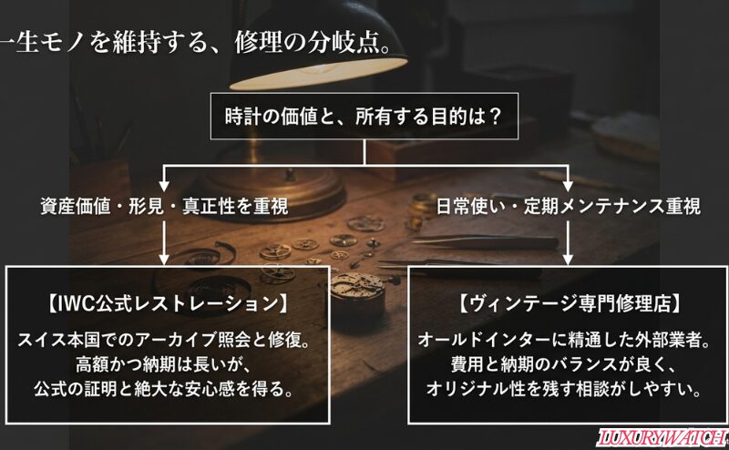 資産価値や真正性を重視する場合はIWC公式レストレーション、日常使いや定期メンテナンス重視ならヴィンテージ専門修理店を選ぶ判断フロー