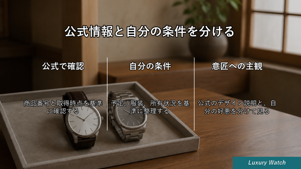 公式情報と自分の条件を分けて時計を比較するイメージ